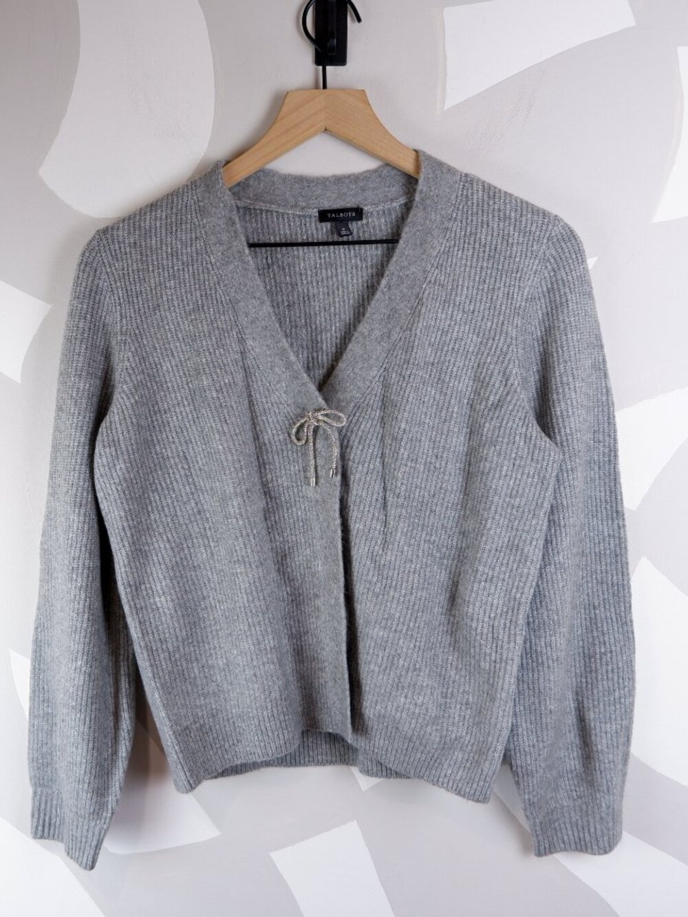 Talbots Gray Cardigan with Bow Brooch | M